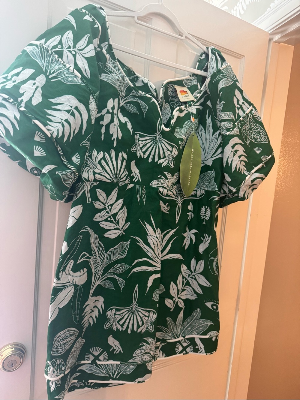 FARM Rio Emerald Green Botanical Puff-Sleeve Blouse